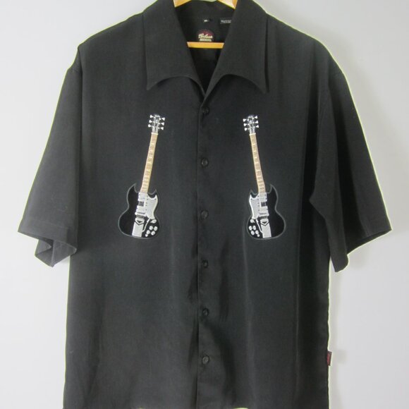 VTG  Gibson Tour Wear Men XL SS Shirt Black Embroidered Guitars Velvet Accent - Picture 1 of 9